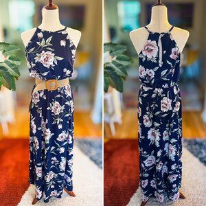 French Grey Navy Blue Floral Maxi Dress – Size M